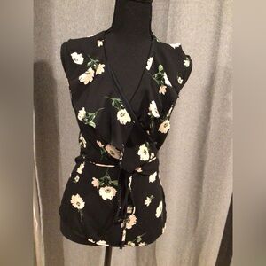 Lulu's Black Wrap Shirt with Cream Floral Design